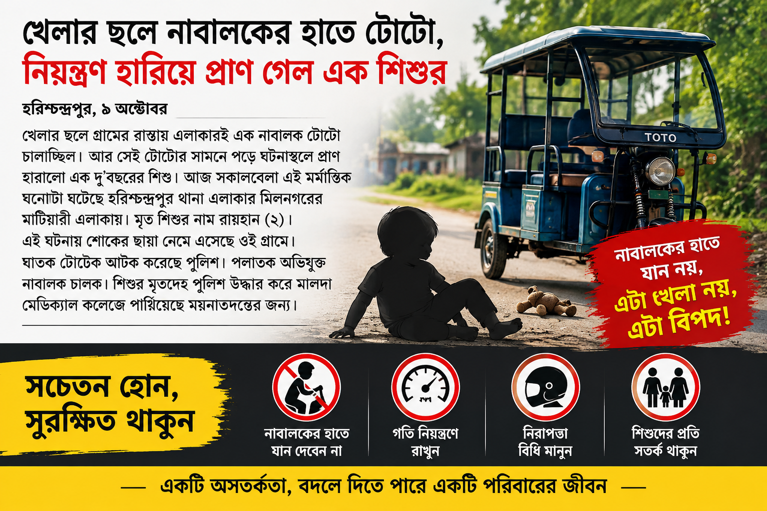নাবালকের হাতে টোটো, প্রাণ গেল দু’বছরের শিশুর! অসতর্কতা রুখতে বাড়ছে সচেতনতার প্রয়োজন